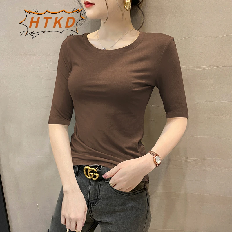 HTKD2025新款圆领中袖t恤女内搭修身显瘦五分袖打底衫紧身莫代尔