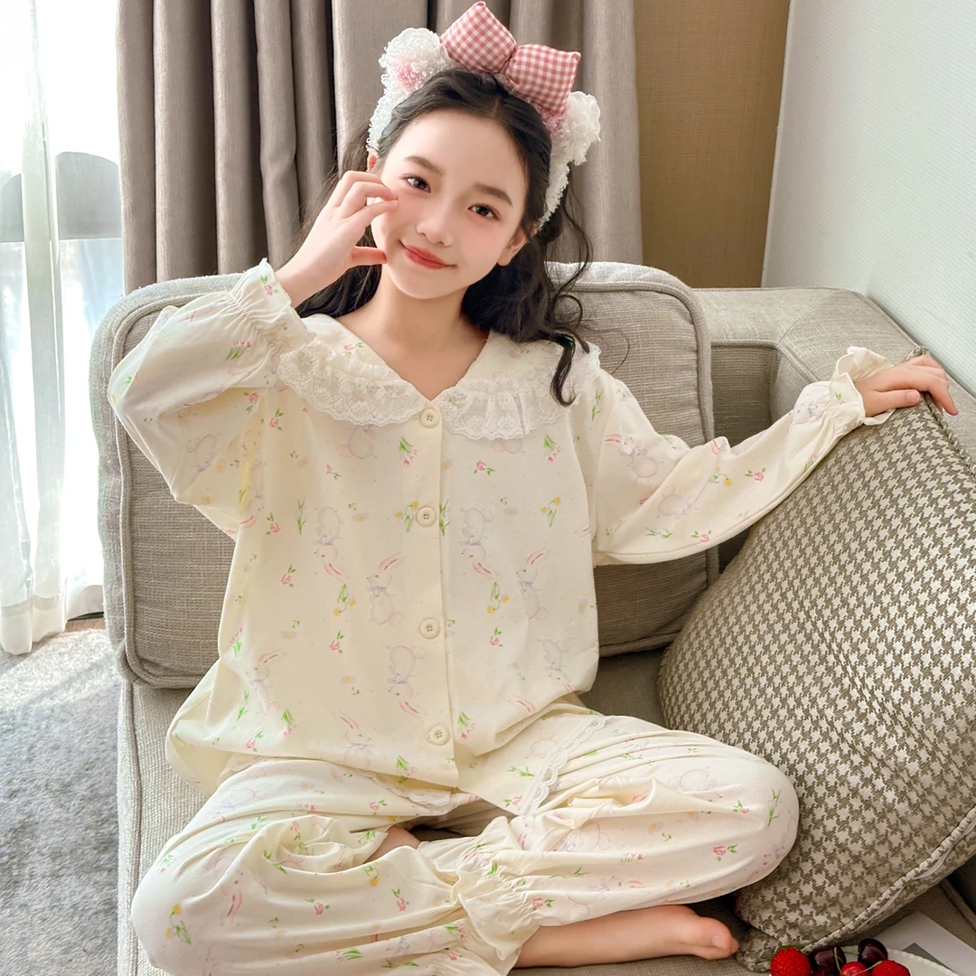 纯棉女童家居服秋季蕾丝花边长袖开衫睡衣套装甜美258102