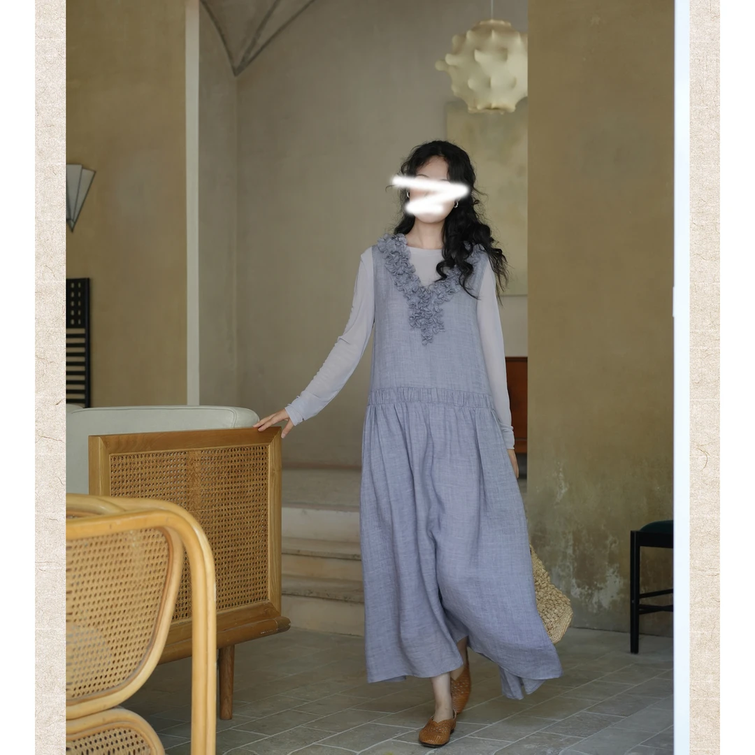 夏季白玉柔软贴肤长袖内搭打底+手工木耳花边松弛感连衣裙套装女