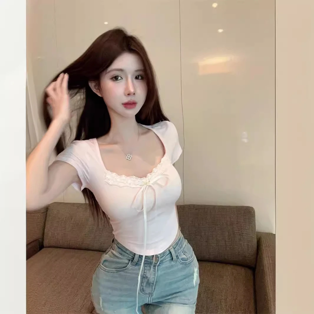 甜美蕾丝方领性感短袖T恤女夏装粉红色花边简约修身系带内搭上衣