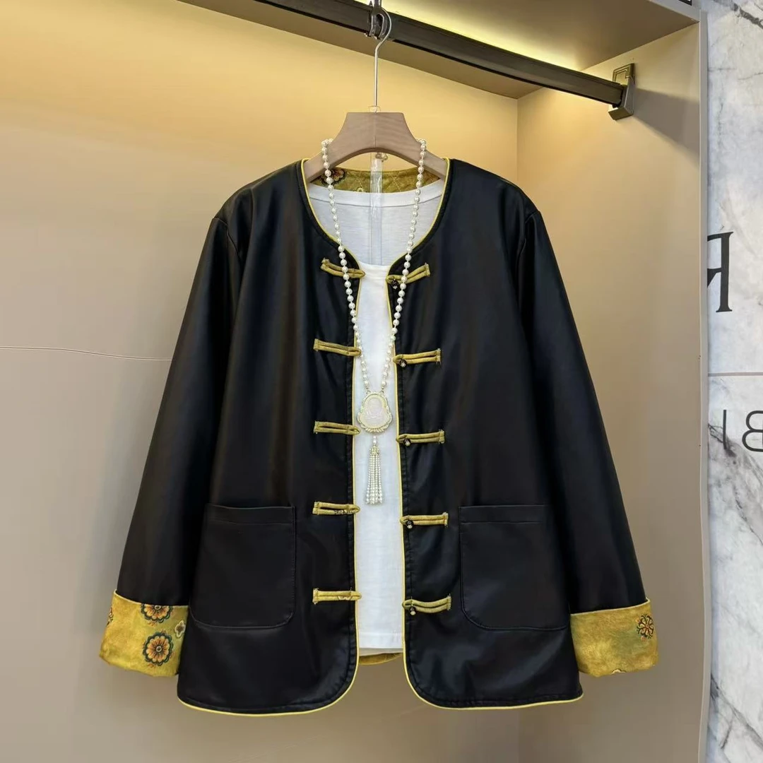 2025秋冬气质欧货胖mm宽松加厚皮衣新中式时尚洋气百搭外套3759