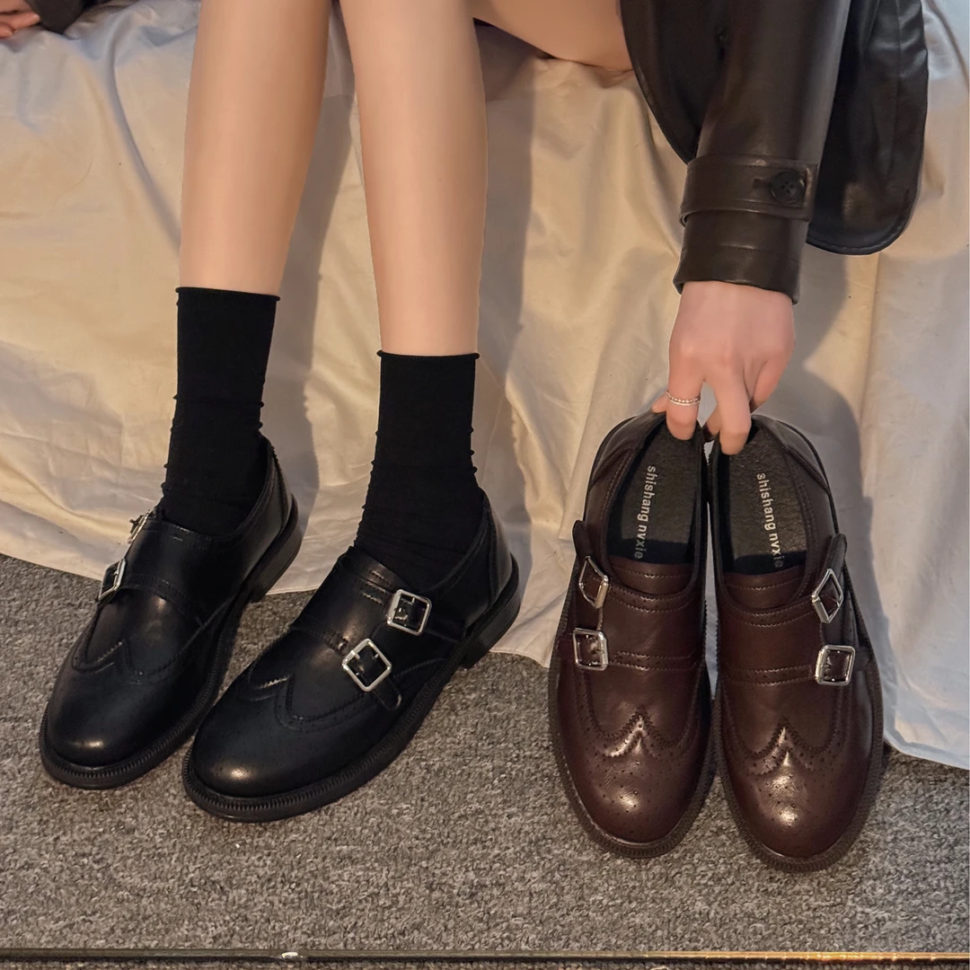 贾不假乐福鞋女2025新款秋冬季英伦风皮带扣复古圆头一脚蹬豆豆鞋