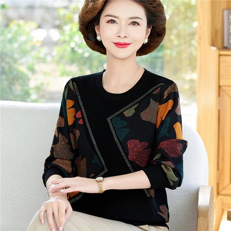 中年妈妈秋装长袖针织衫气质宽松上衣中老年女装春秋圆领拼接小衫