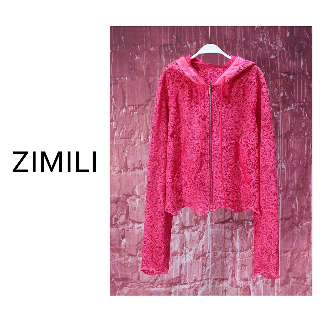 【亮哥女装】2025夏季《桃绯》洋红色轻薄勾花蕾丝连帽防晒衣7708