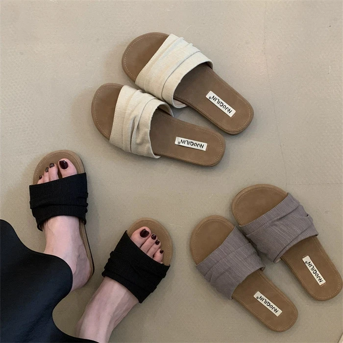 NUOQILIN~曼谷拖夏季度假风褶皱亚麻休闲平底一字拖鞋女