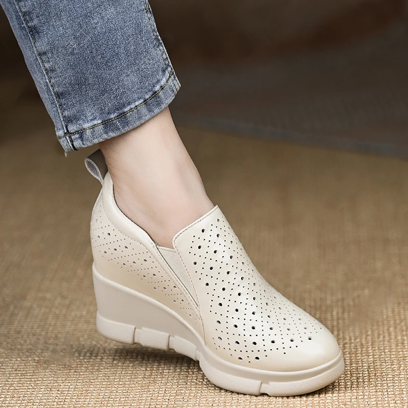 小个子女鞋9cm~防水台单鞋坡跟高跟女鞋新款头层牛皮松紧带米色女