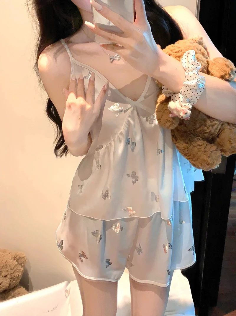 纯欲风性感吊带带胸垫冰丝睡衣女夏日仿真丝蝴蝶印花家居服四件套