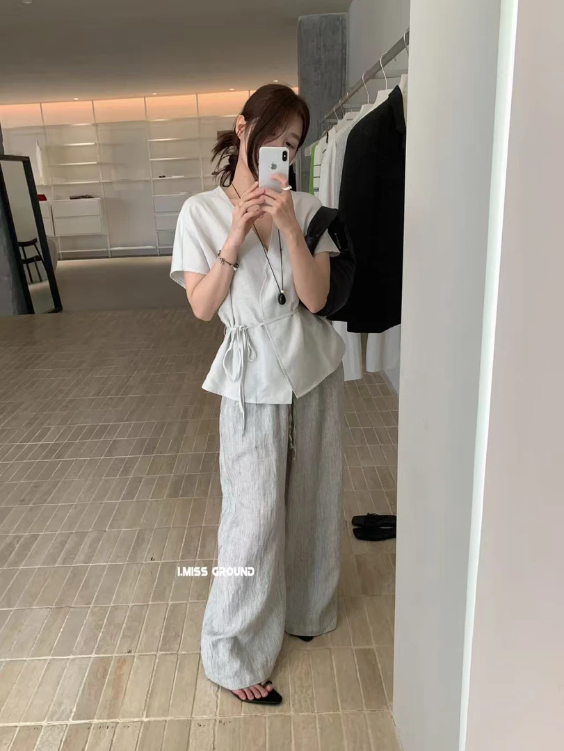 imiss@2116 韩系气质百搭V领系带短袖衬衫（55亚麻）5-28