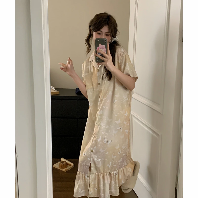 【超柔软】凉感冰丝睡裙女香槟色蝴蝶印花高级感居家可外穿家居服