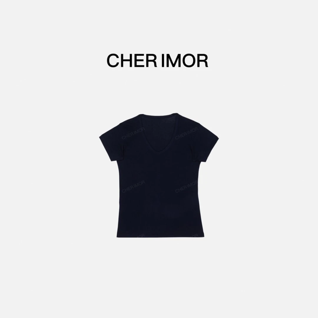 CHER IMOR【薄雾】休闲简约V领显瘦修身短袖  5595 Hi Fortune