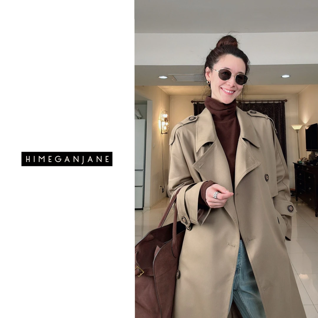 HIMEGANJANE “气场全开” 经典翻领双排扣可收腰廓形长款风衣25647