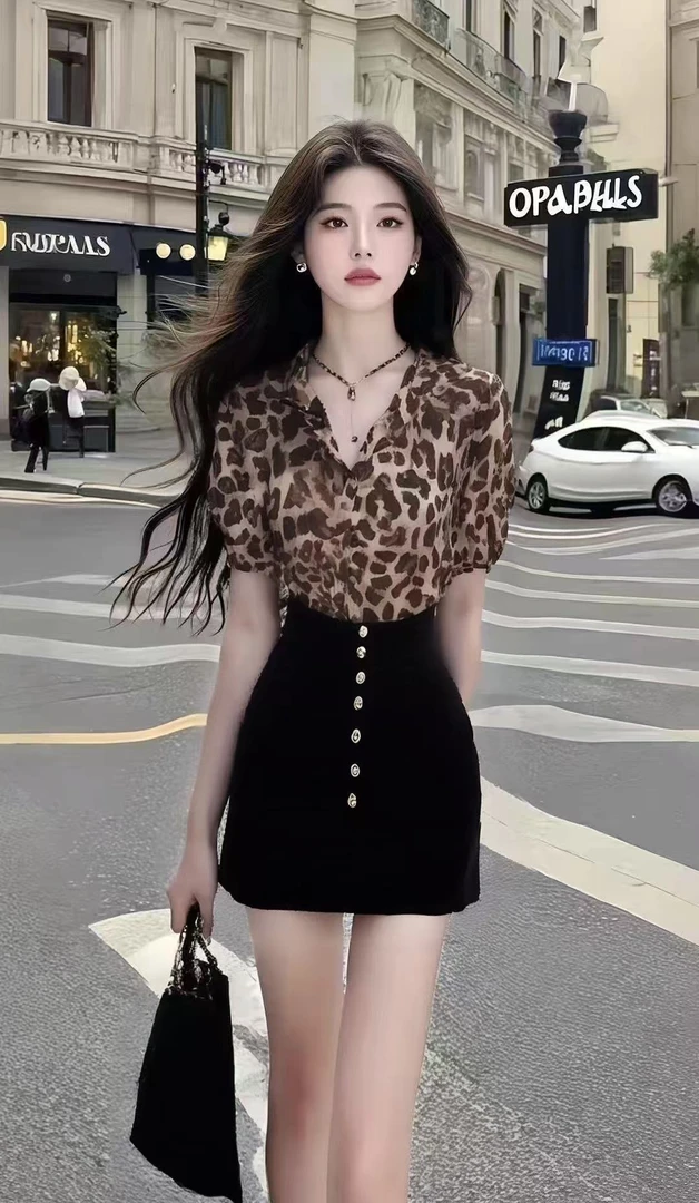 夏季轻熟风气质穿搭豹纹不规则衬衫短袖上衣+黑色包臀半身裙套装