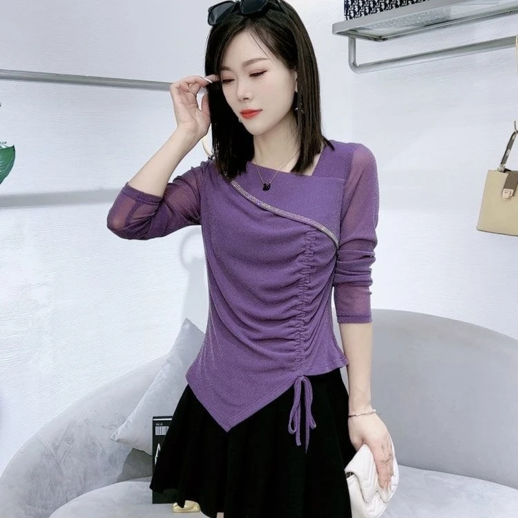 YT时尚不规则抽褶长袖T恤女2025春季新款洋气显瘦减龄打底衫