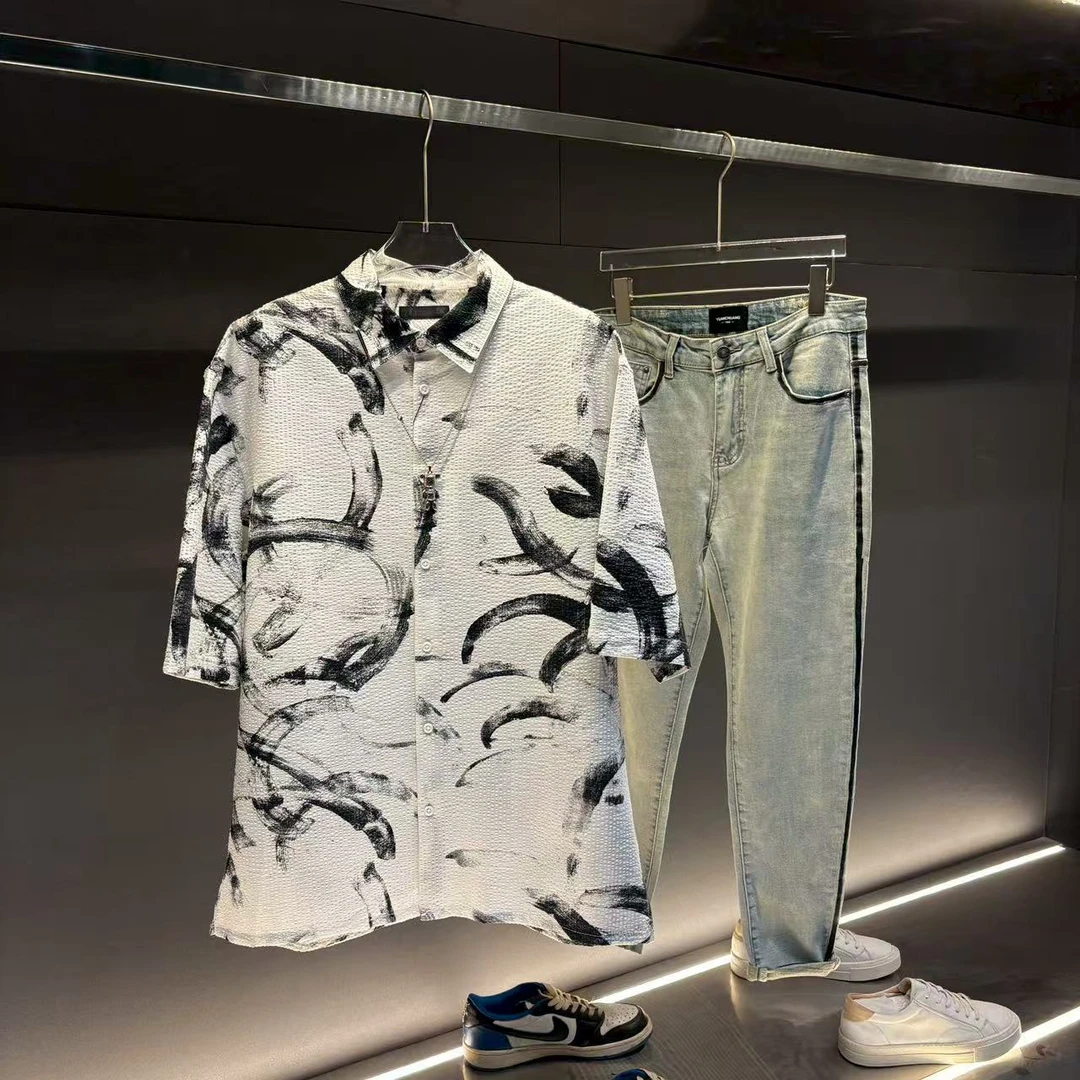 男装 宽松凉感印花短袖衬衫