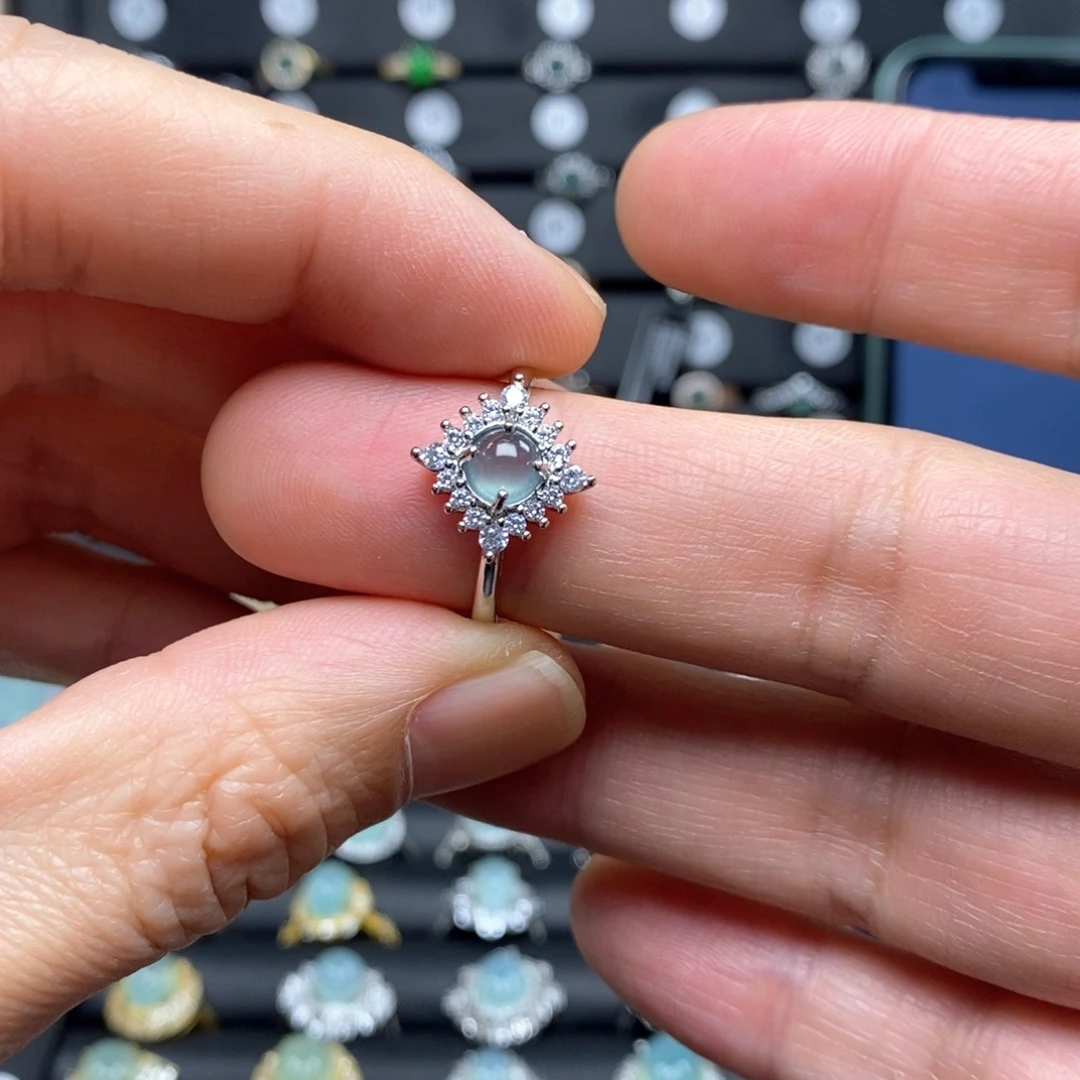 翡翠戒指银S925镀金镶嵌菱形