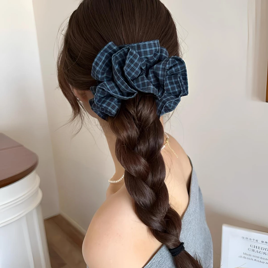 藏青小蛮腰格纹褶皱头花大肠发圈女高级感发绳丸子头绳扎头发皮筋