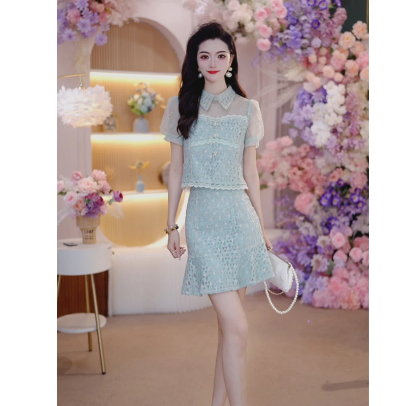 2025夏季新款女装时尚气质套装修身法式短袖绿色上衣+半身裙1601