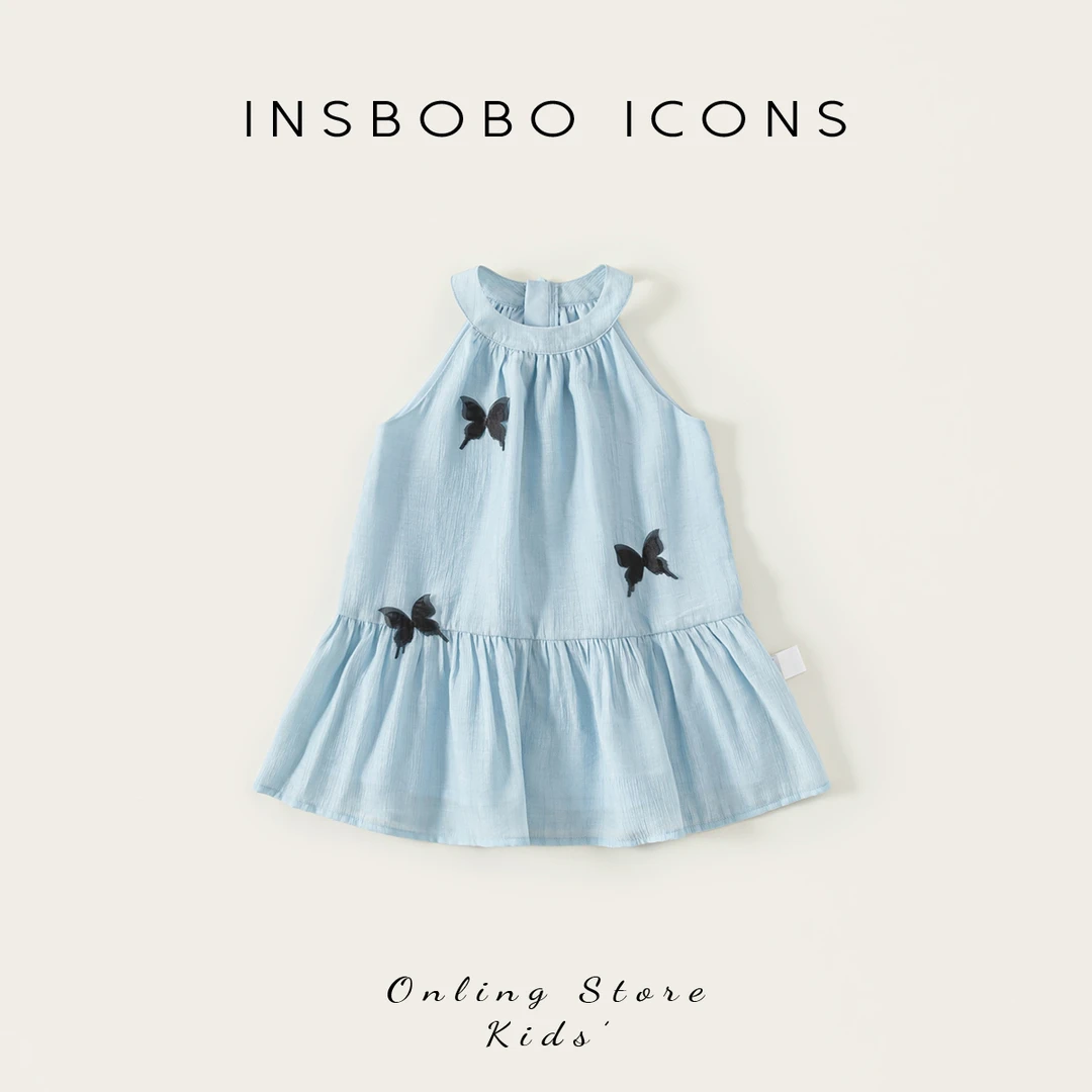 INSbobo女童挂脖连衣裙甜美可爱蝴蝶装饰荷叶边无袖连衣裙XQ25360