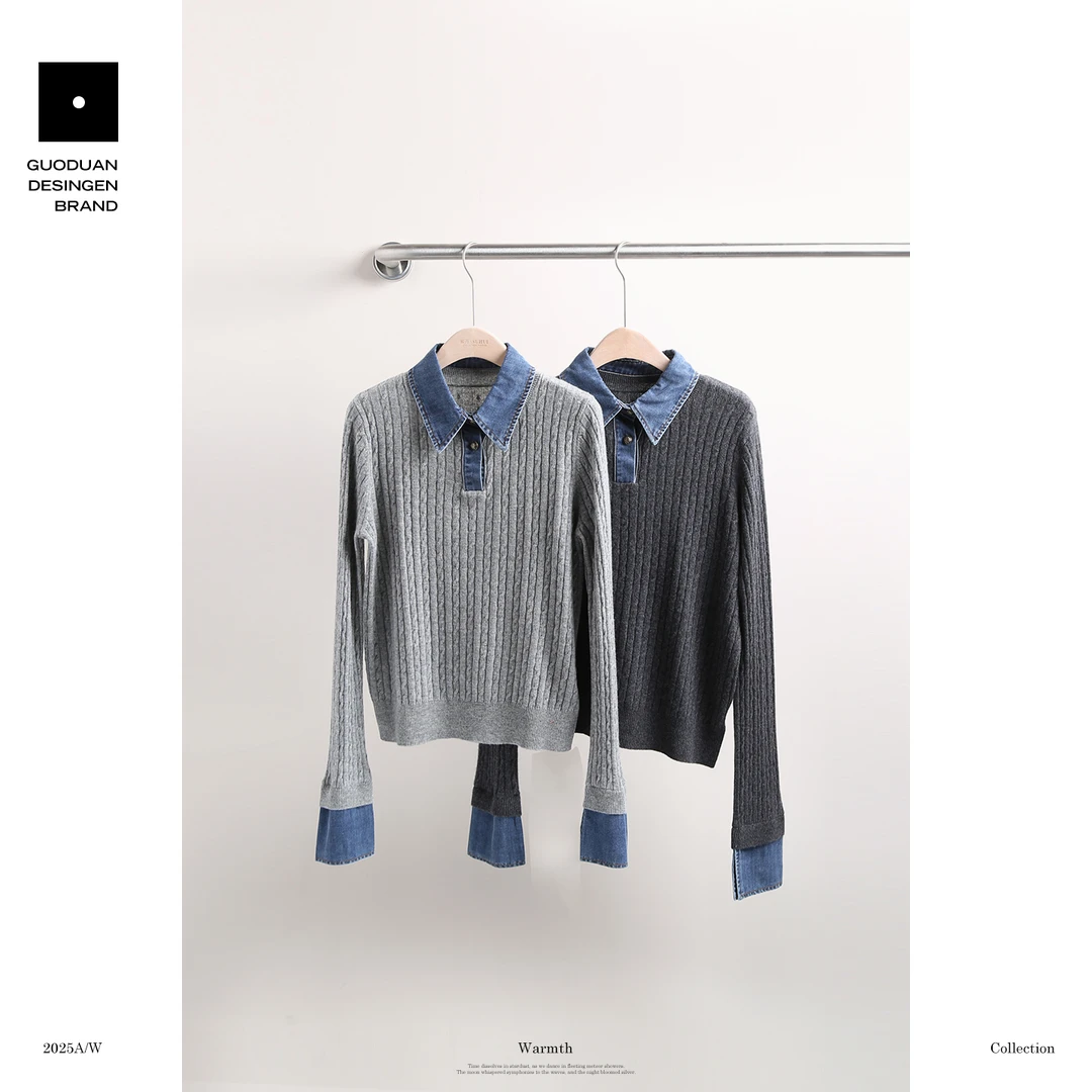 果缎 羊毛拼接时尚百搭翻领毛衣秋冬保暖百搭毛针织衫 MJX6-5120