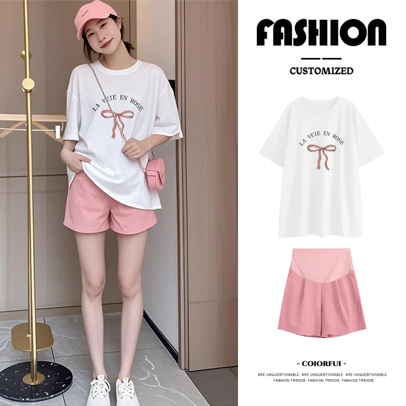 孕妇夏季T恤短袖+托腹短裤两件套孕妇套装休闲百搭遮肚孕妇套装