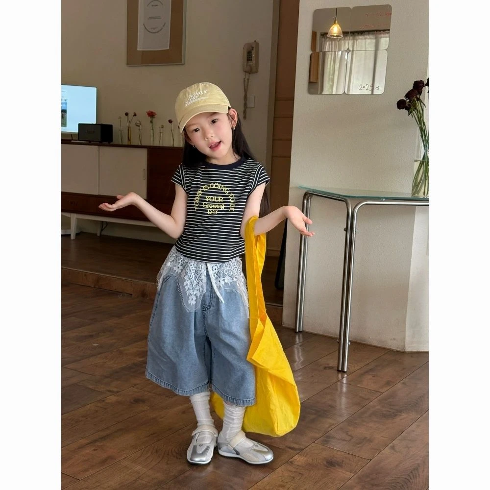 女童韩版夏季套装条纹短袖牛仔裤蕾丝花边七分裤薄款两件套潮