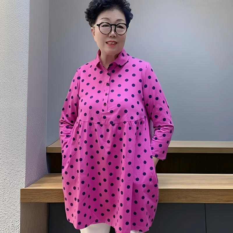 【贵丽坊】新品新款减龄小翻领套头加大码中长款韩版波点体恤