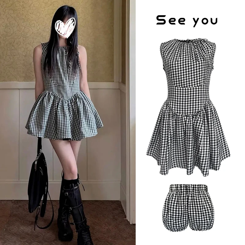 夏季时尚显瘦百搭宽松连衣裙+同色系花苞底裤设计感洋气圆领Y890