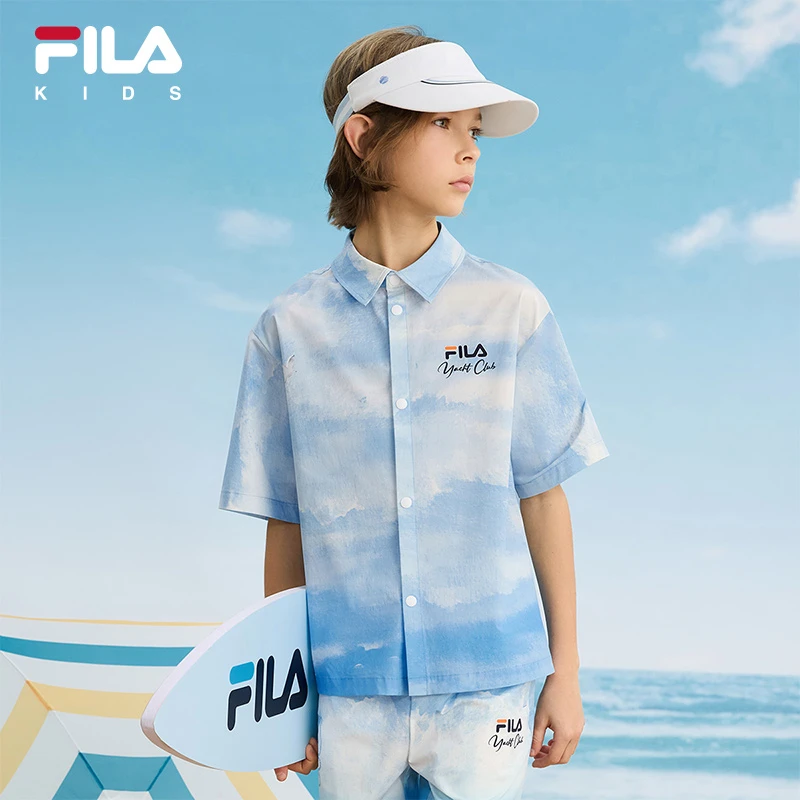 【斐乐儿童】2025夏季新款中大童百搭时尚梭织短袖衬衫K12B522403