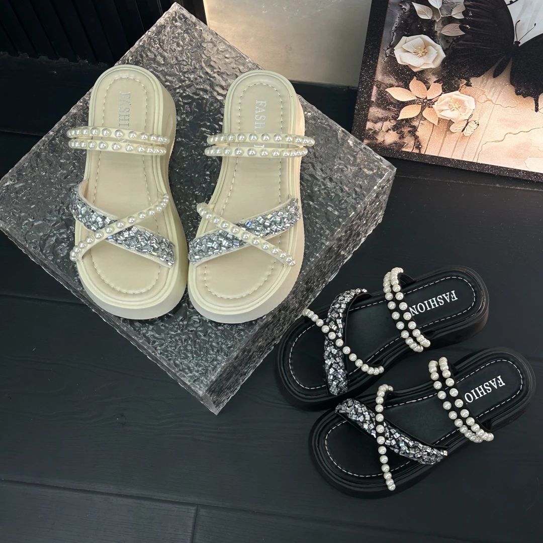 厚底凉拖鞋女外穿2025夏季新款水钻松糕百搭两穿凉鞋一字沙滩拖鞋