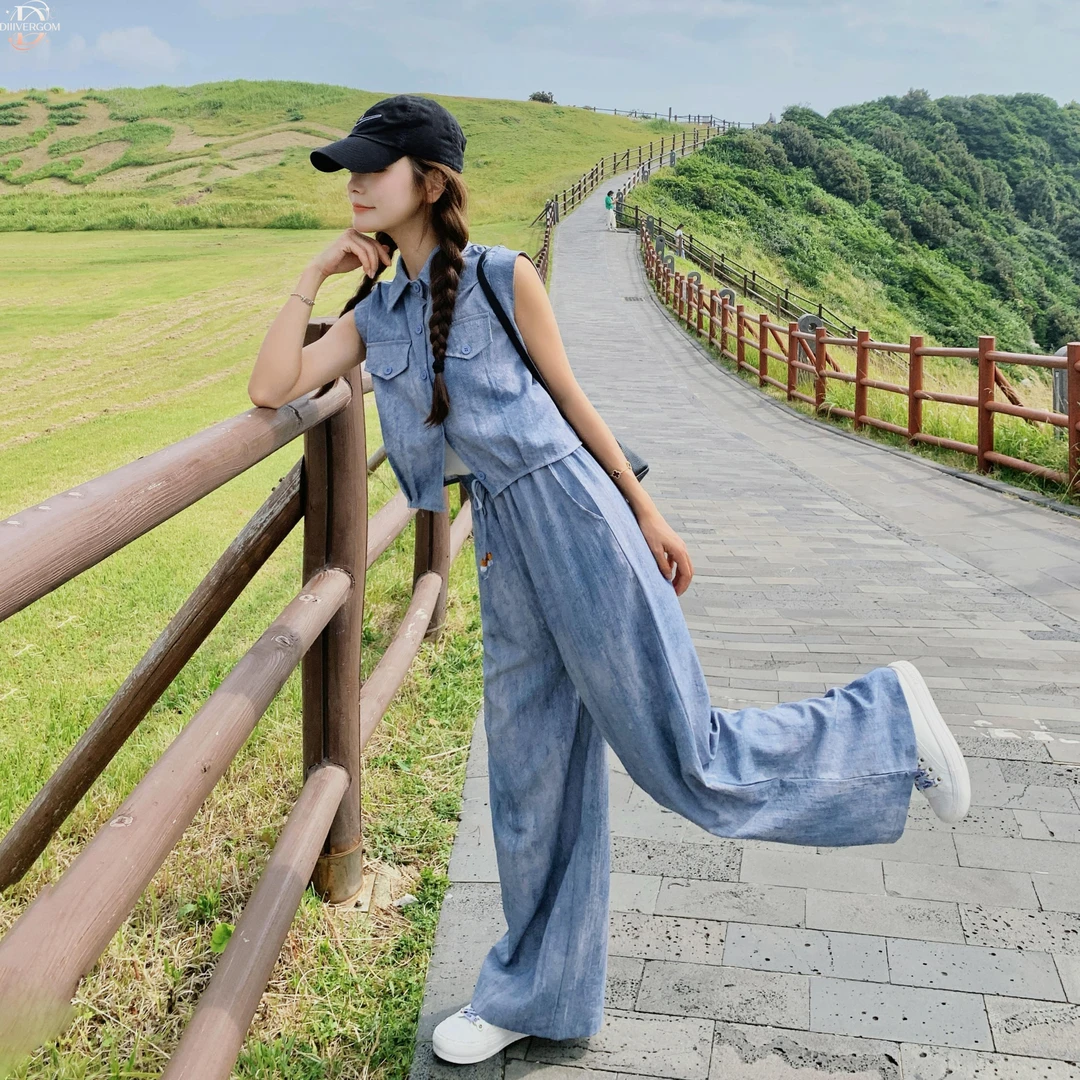 高级感无袖上衣阔腿裤套装女夏季2025新款高定轻奢女装长裤两件套