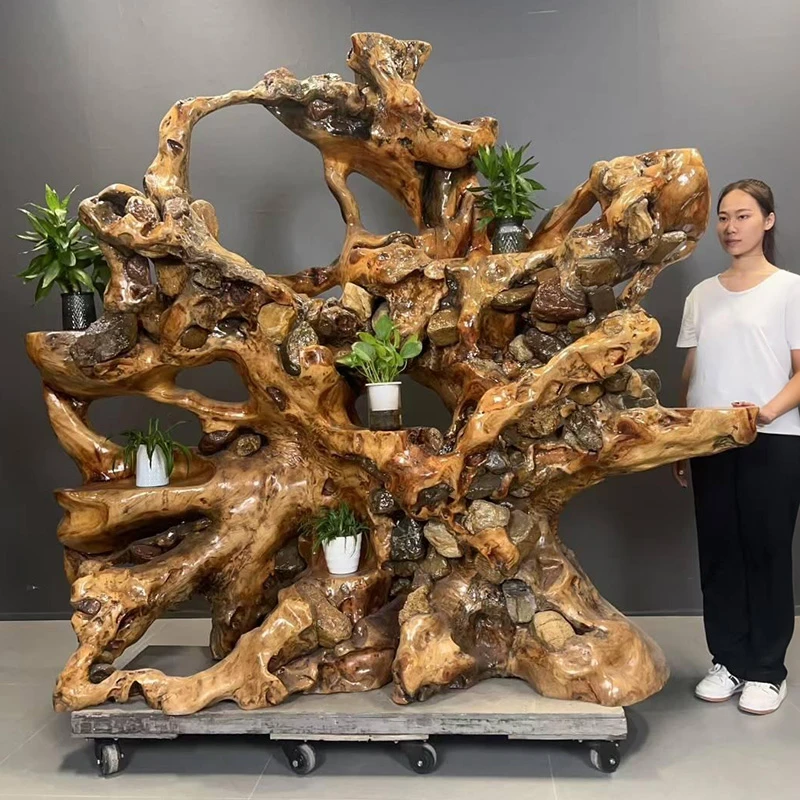 根抱石根雕花架木雕底座客厅摆件天然树桩树根博古架实木根艺原木