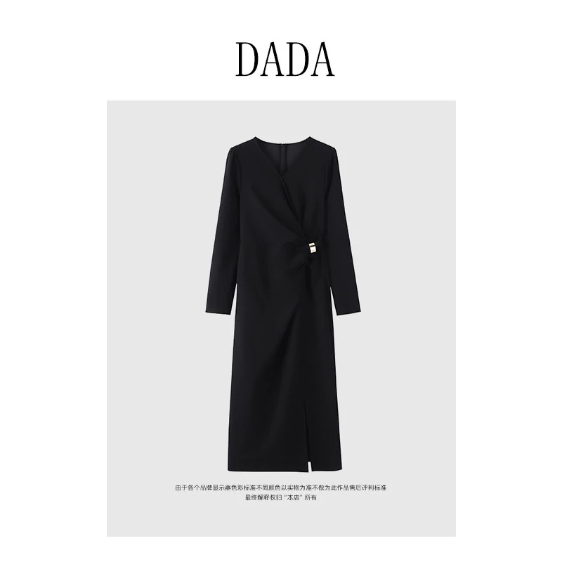 PANG DADA【金扣子】秋季新款气质轻奢V领显瘦金扣子小黑裙LHC1953