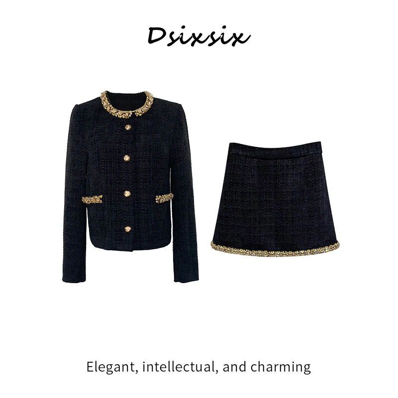 MEI KA-【巴黎夜曲】秋季新款小香风重工镶钻粗花呢外套半身裙套装