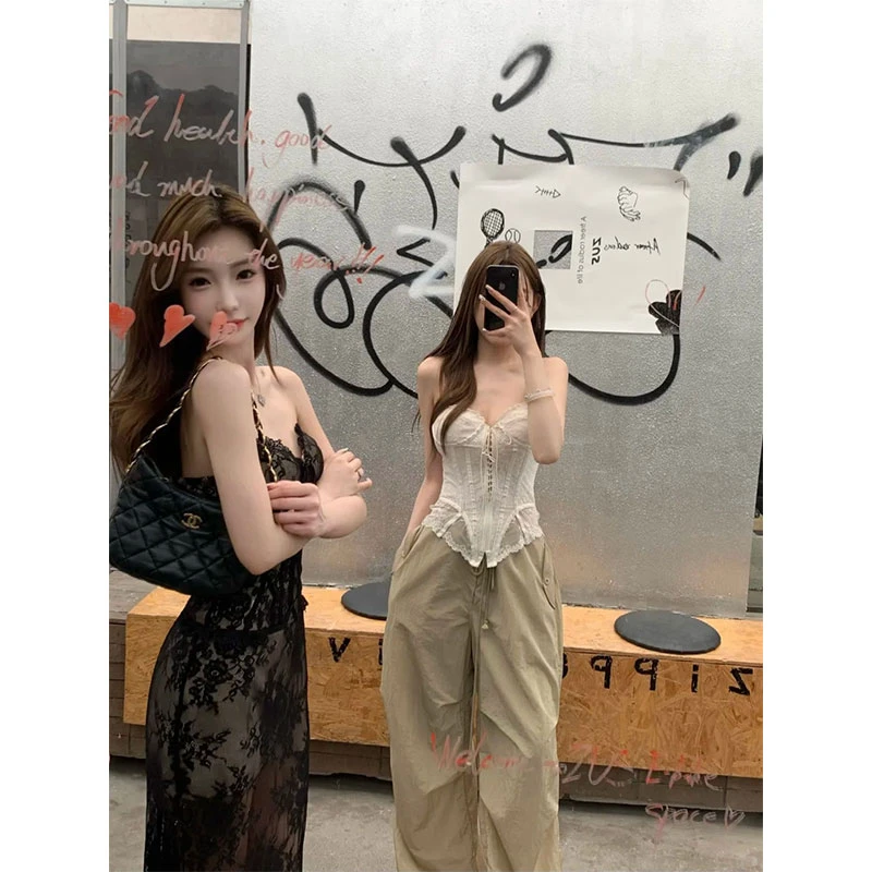 2025夏新款chic网红纯欲风蕾丝拼接抹胸上衣女配高腰工装裤连衣裙