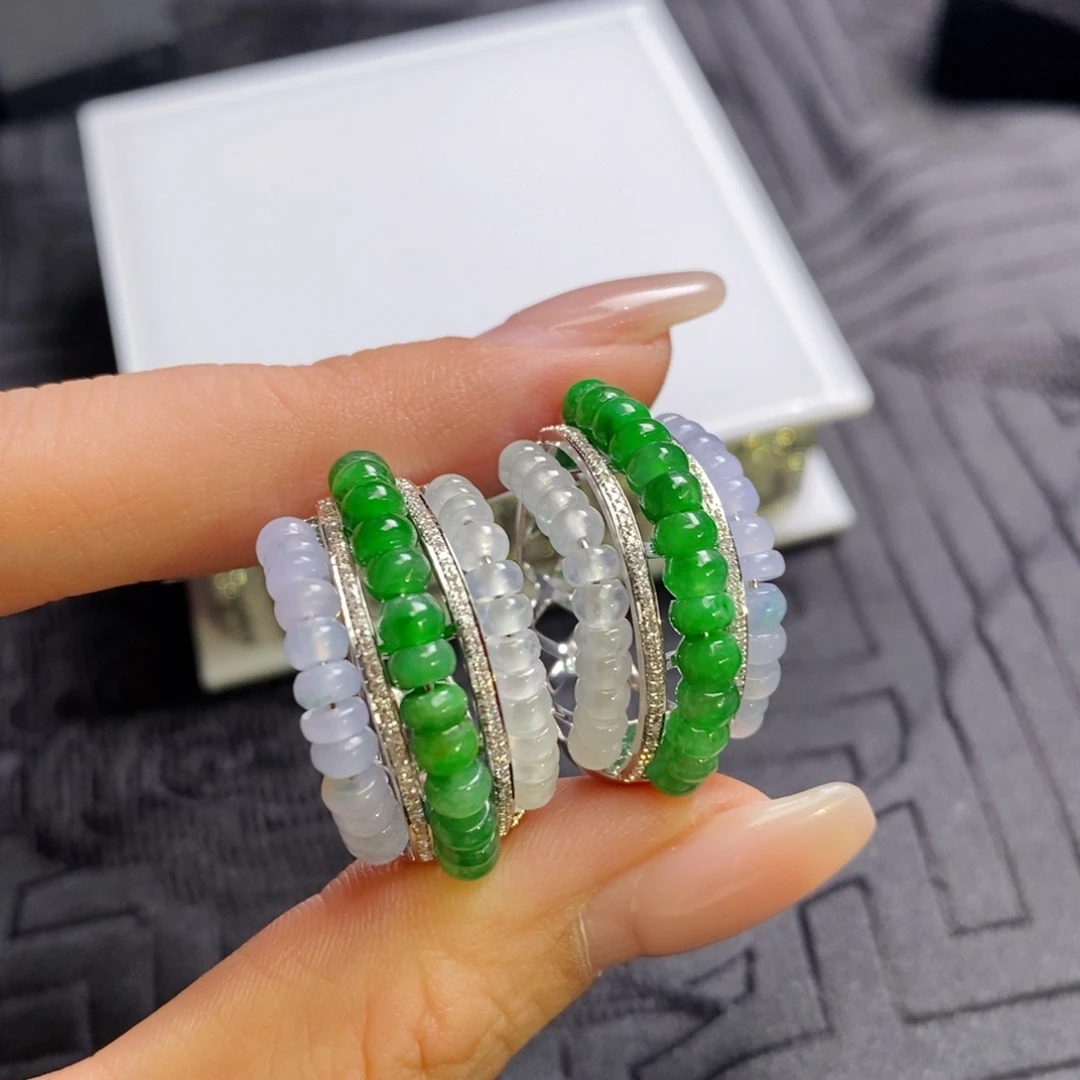 翡翠18K金镶嵌耳饰三彩算盘珠耳包