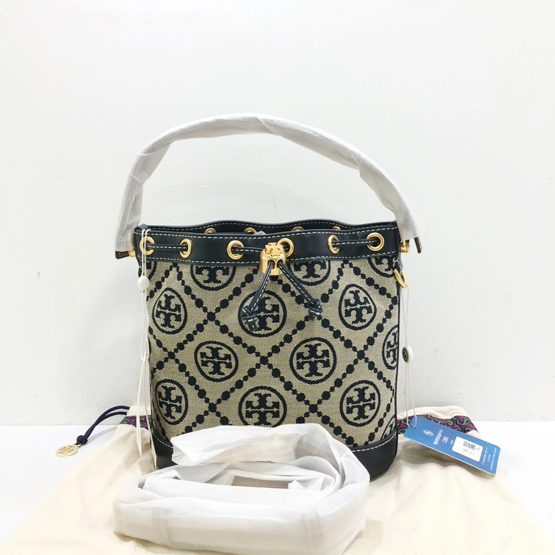未使用 TORY BURCH/汤丽柏琦 汤丽柏琦藏蓝色老花帆布拼皮水桶包