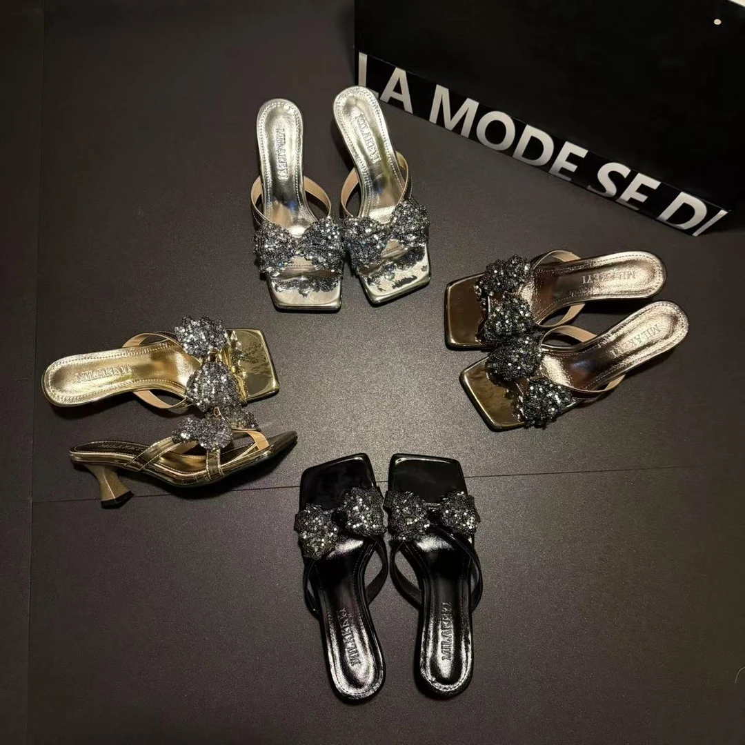 2025年夏季新款气质百搭时尚亮片蝴蝶结小香风轻奢网红爆款女跟鞋