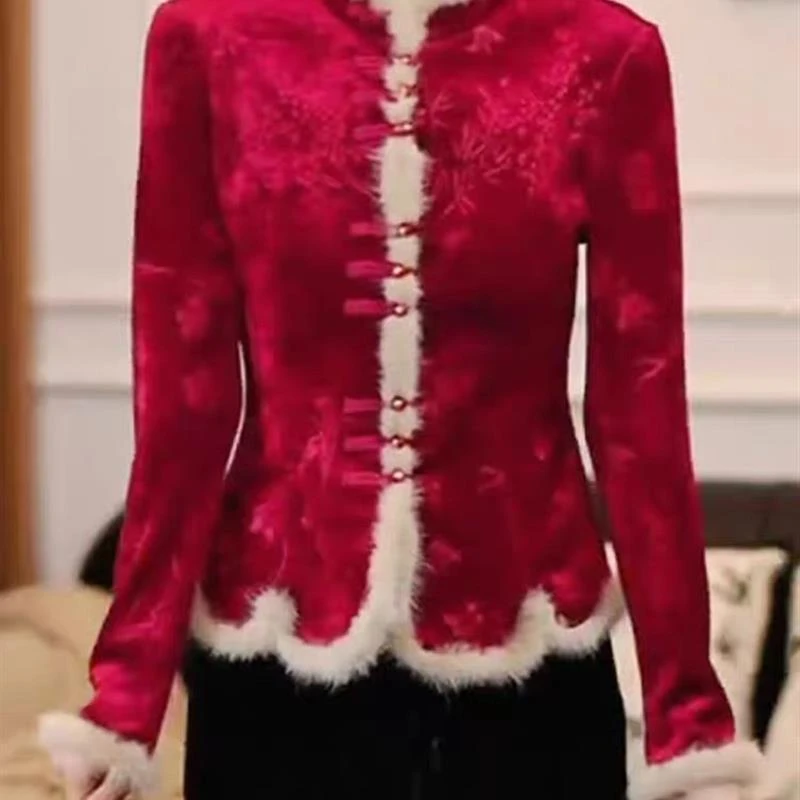 新中式国风洋气显瘦毛毛拼接丝绒打底衫妈妈提花大码加绒上衣女冬