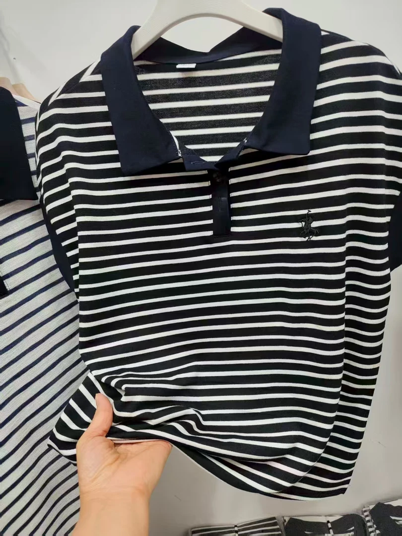 新款翻领条纹短袖时尚中老年显瘦气质百搭休闲大码女士