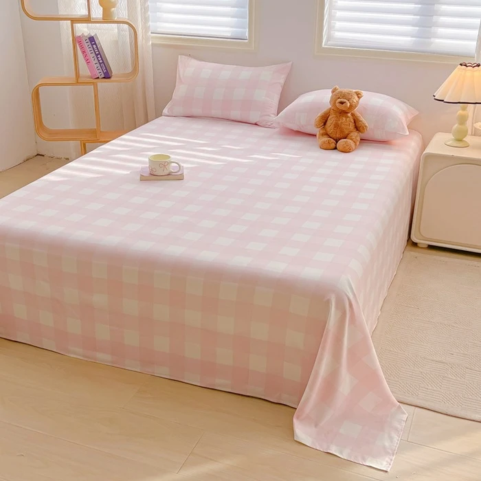 新款A类水洗棉色织床单三件套纯色格子枕套学生宿舍简约被单单件