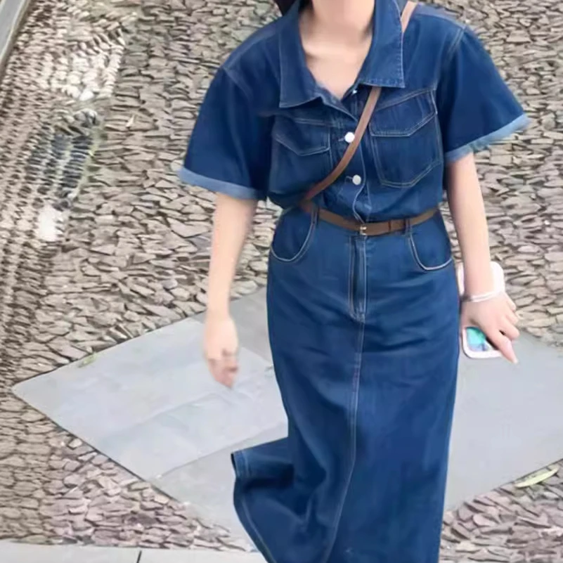 哥弟阿玛施正品小个子牛仔连衣裙短袖大码夏季2025新款复古小众气
