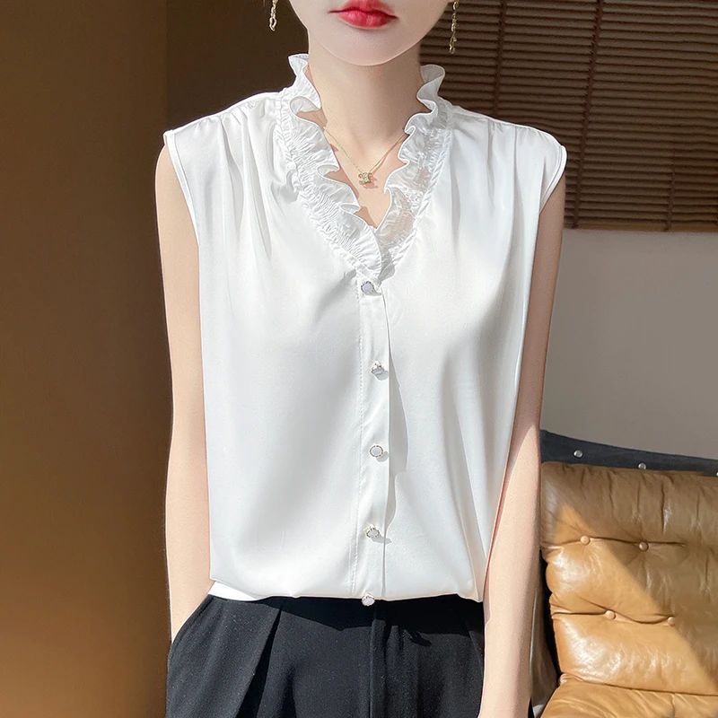 法式V领木耳花边丝滑缎面无袖衬衫气质内搭女叠穿背心2025新款