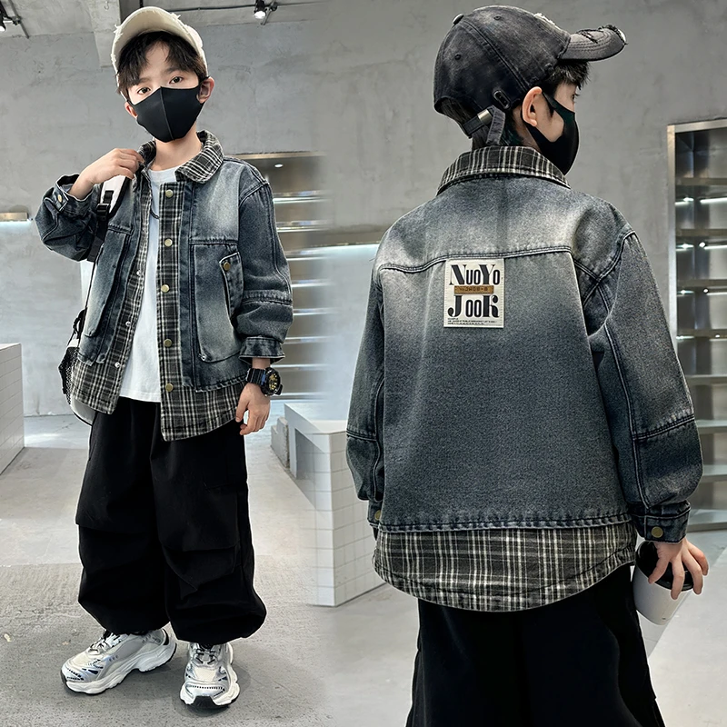 2025新款假两件男童牛仔外套秋冬新款时尚中大童帅气外套夹克潮酷