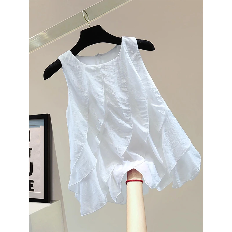 荷叶边拼接圆领套头衬衫2025夏季韩版宽松显瘦纯色拉链休闲背心潮