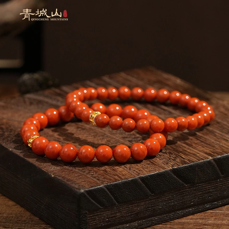 青城山川料柿子红6~8mm素圈18K金南红玛瑙手串（多样性发其一）