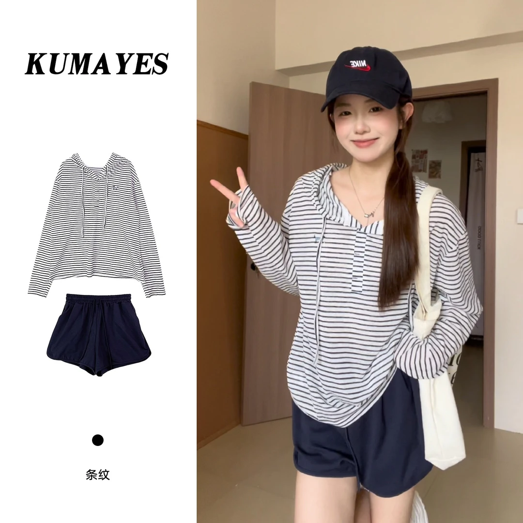 KUMAYES慵懒黑白条纹长袖连帽T恤女休闲百搭宽松短裤套装