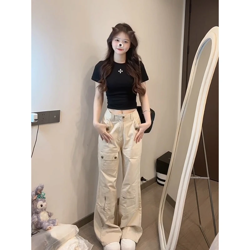 大码美式杏色微喇叭工装裤夏季高腰显瘦多口袋不贴腿直筒牛仔裤