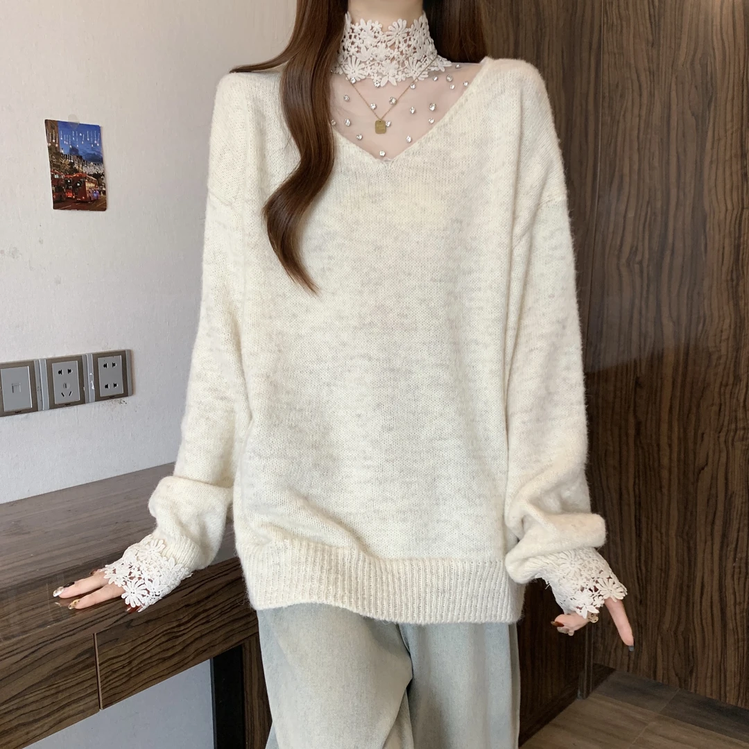 春秋冬季2025新款韩版蕾丝长袖V领套头内搭打底针织衫女宽松毛衣