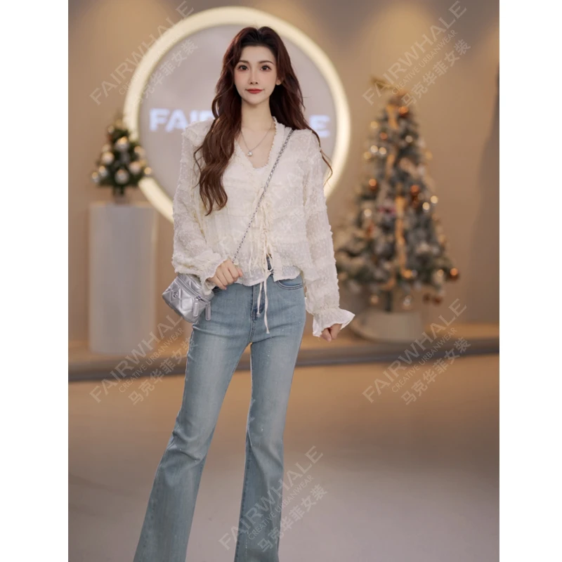 马克华菲女装夏季新品木耳边蝴蝶系带蕾丝衫甜美褶皱短款衬衫上衣