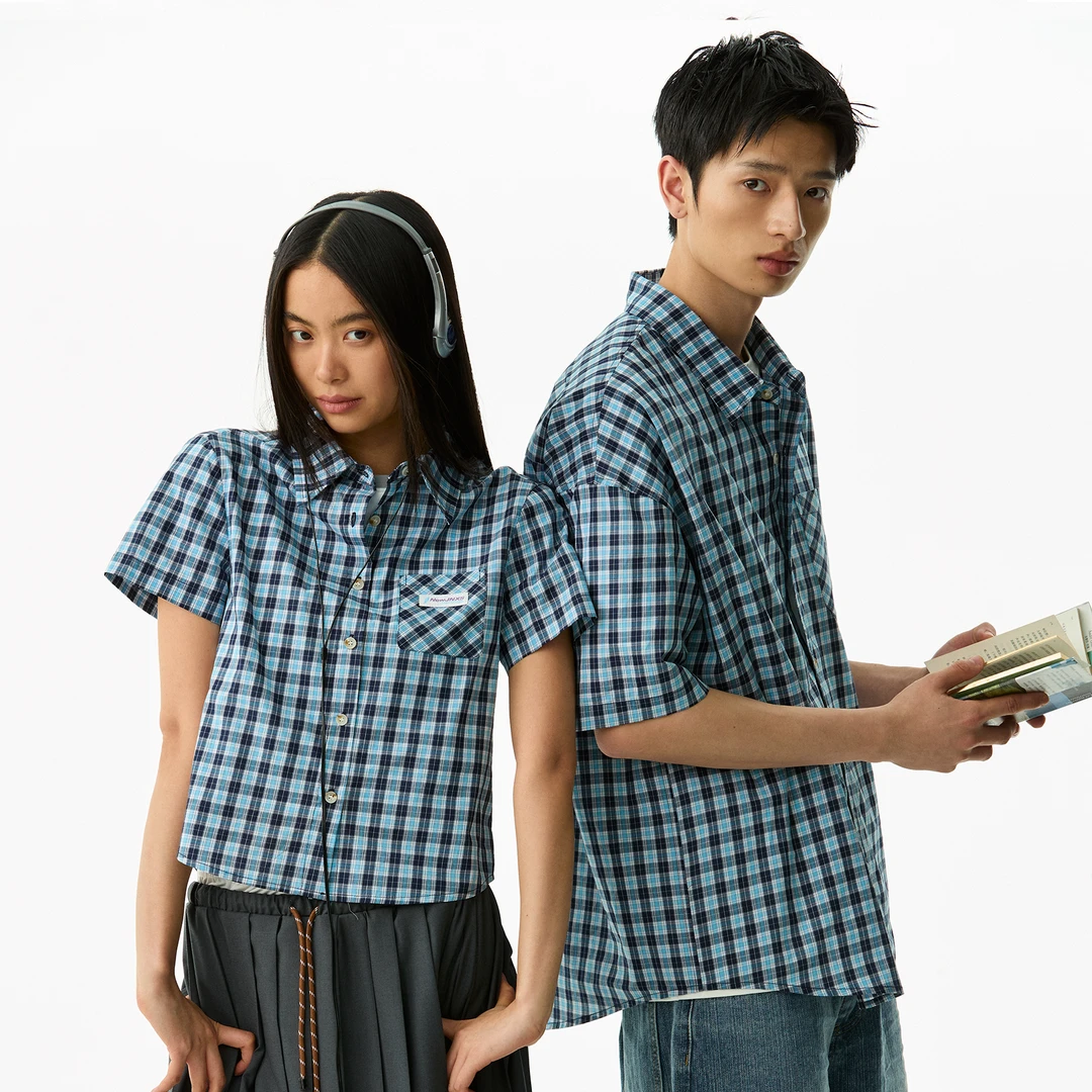 【江南先生】通勤休闲格子拼接POLO衫短袖 美式复古格纹衬衣JN52J24